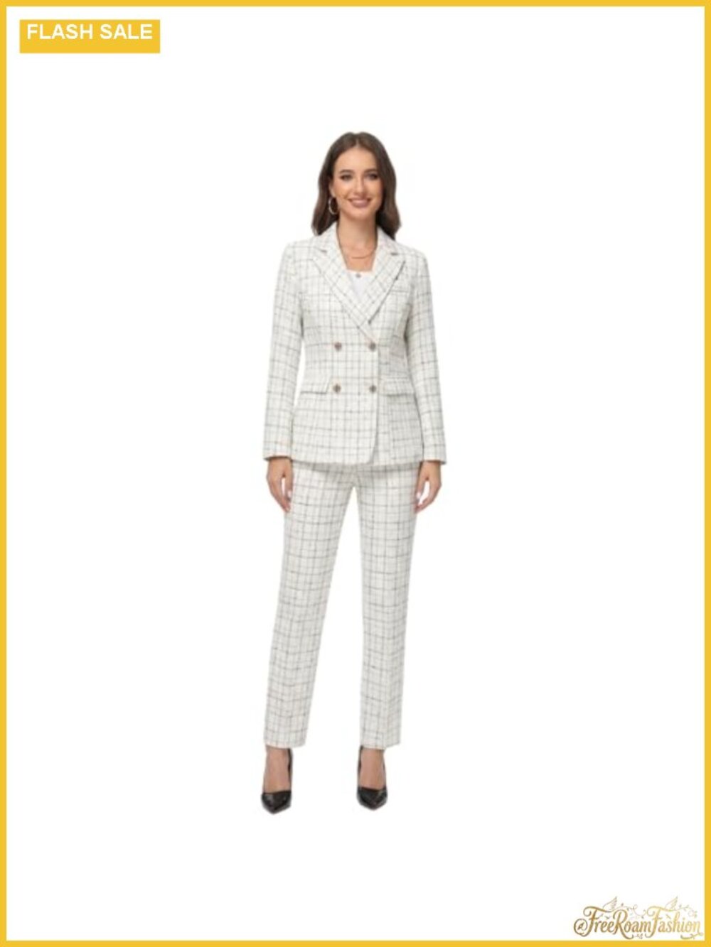 Tweed Plaid Blazer Pants Suit Set Sequins Double Breasted Business